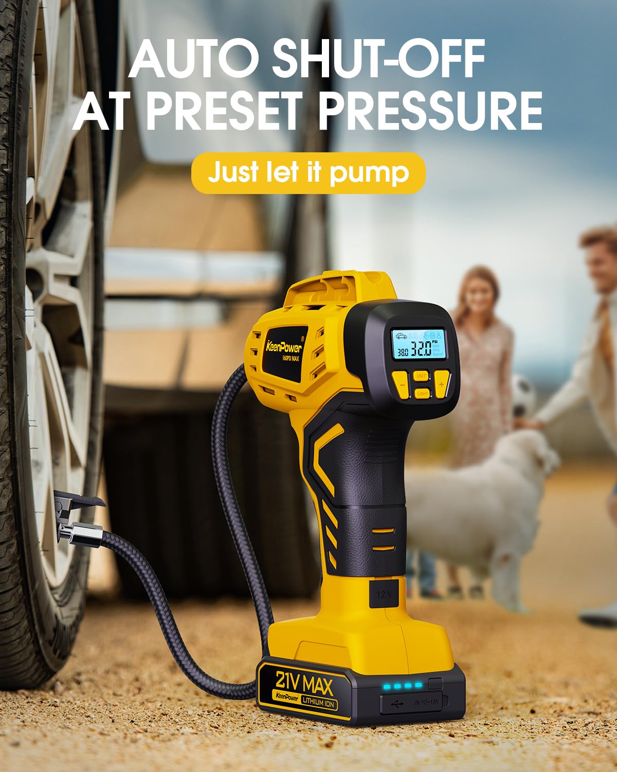 KeenPower Portable Tire Inflator 21V Rechargeable 160PSI Handheld Pump