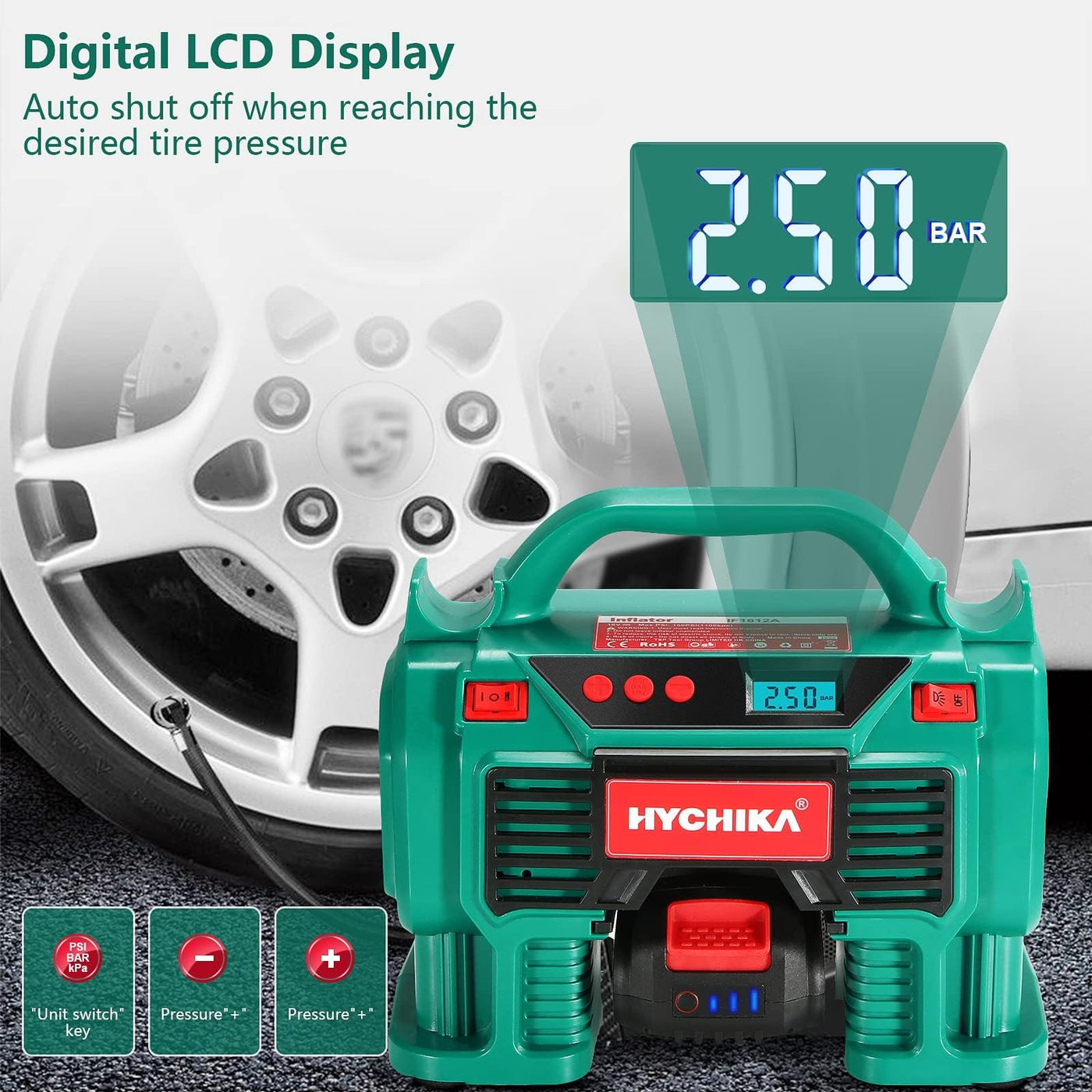 Portable Tire Inflator HYCHIKA Air Compressor 160PSI Dual Power