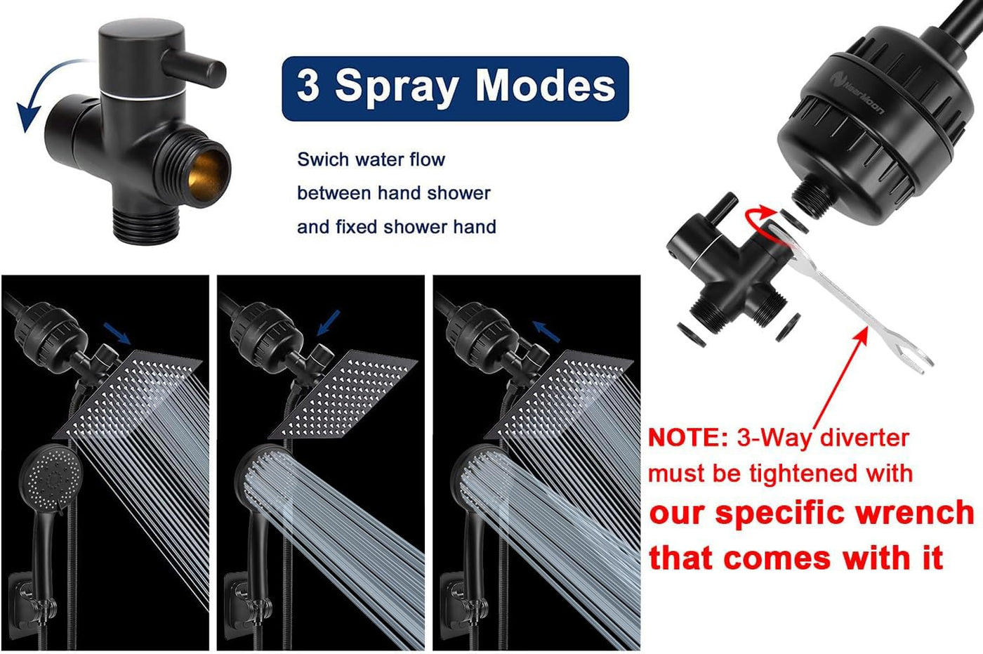 High Pressure Shower Head 8 Inch Square With 5 Settings Handheld Filter