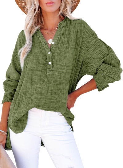 Womens Gauze Blouse Casual Button Neck Long Sleeve Oversized