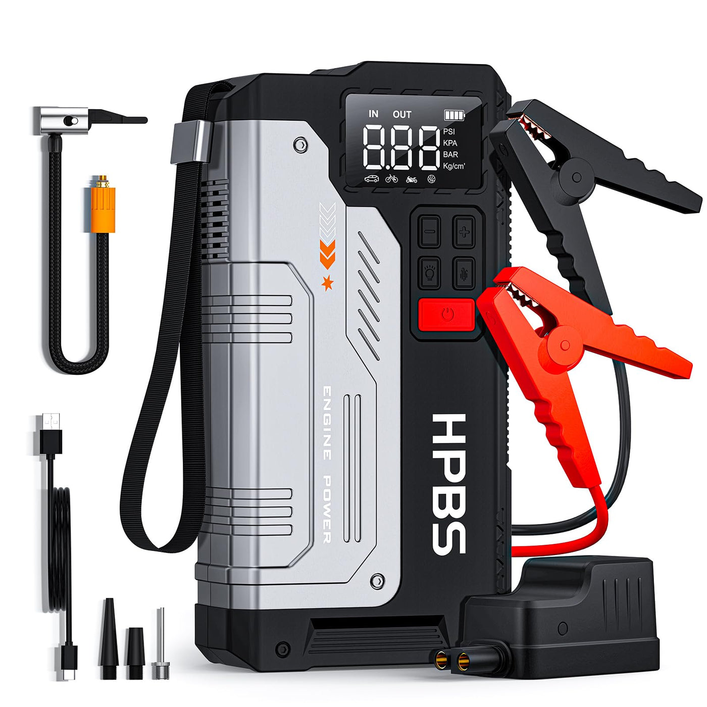 HPBS 2500A Portable Car Jump Starter With Air Compressor And Tire Inflator
