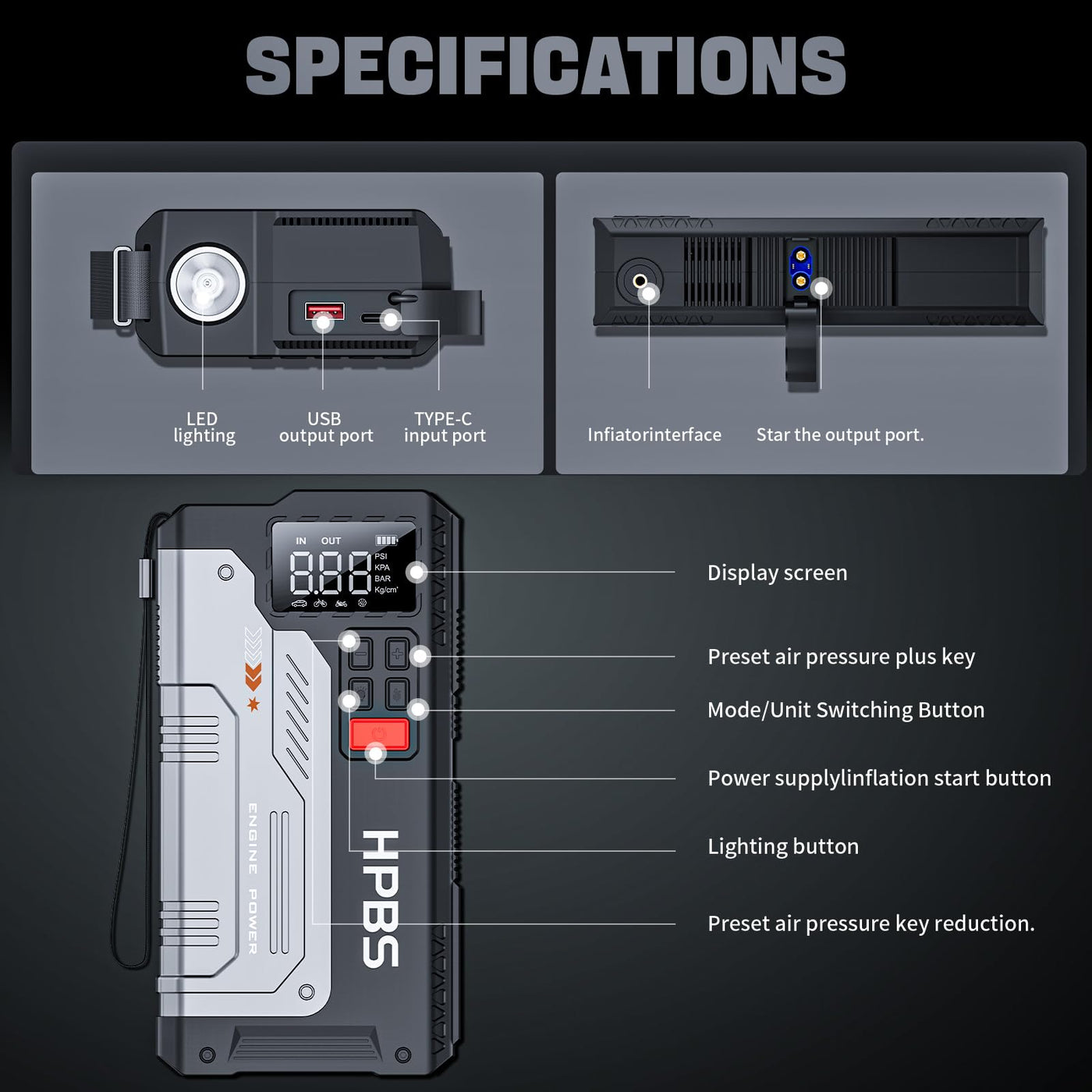 HPBS 2500A Portable Car Jump Starter With Air Compressor And Tire Inflator