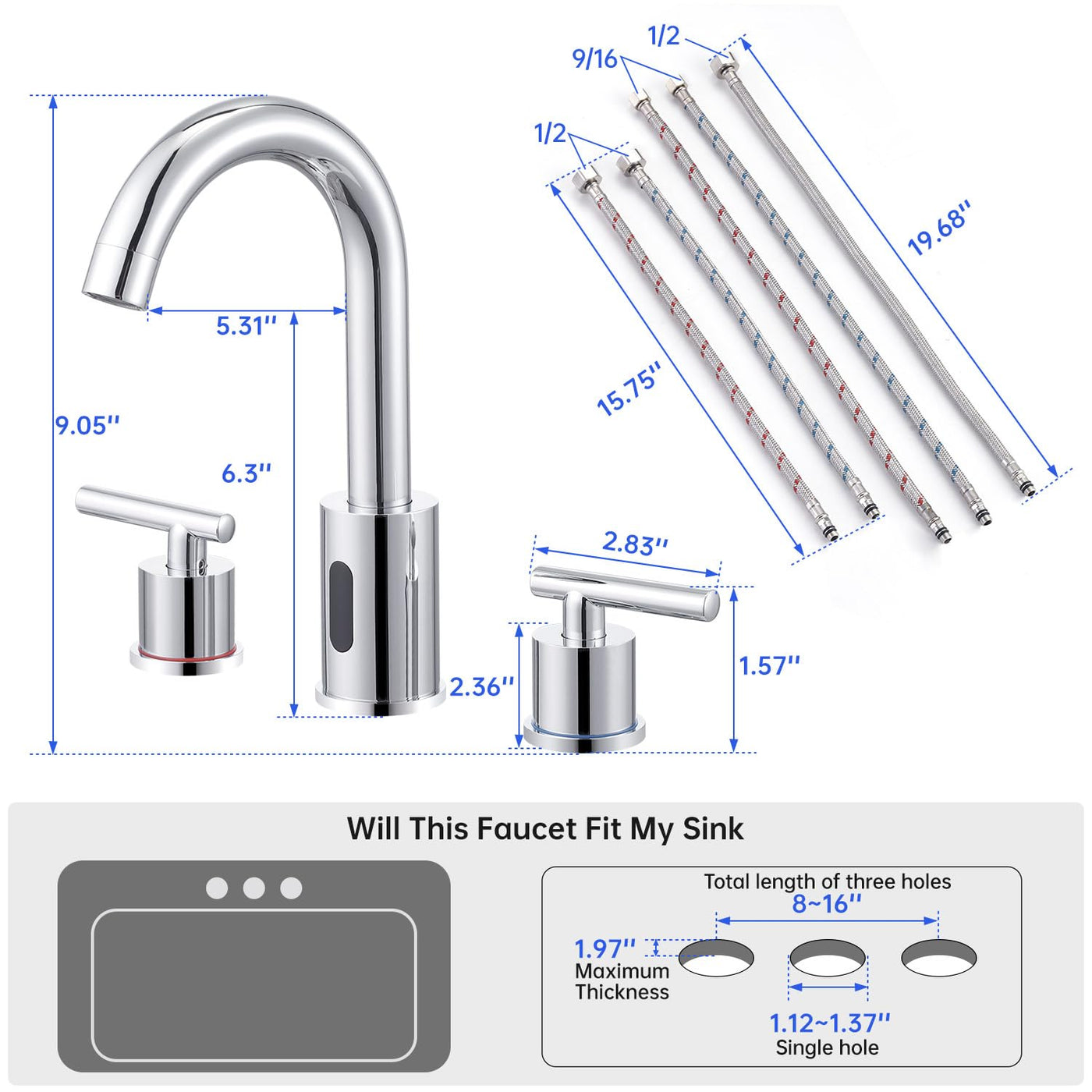 Touchless Bathroom Faucet With Automatic Sensor And Dual Handles