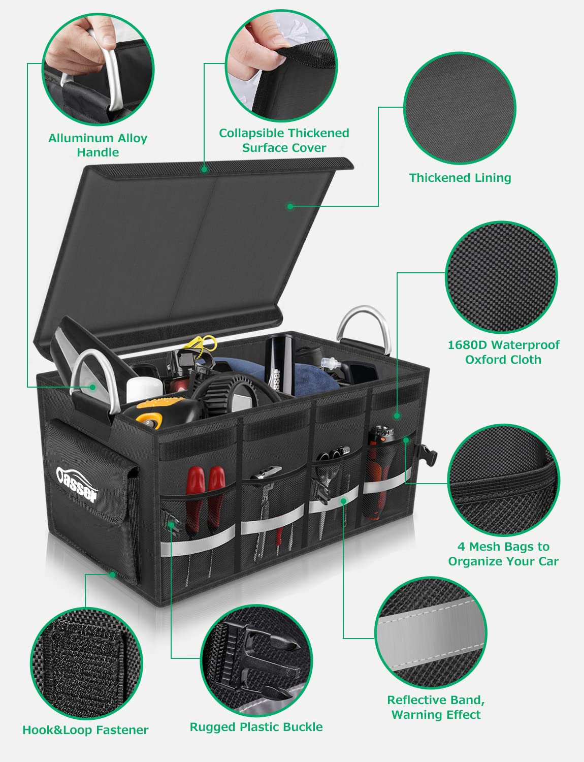 Oasser Trunk Organizer Waterproof Durable Collapsible Multi Compartment Storage