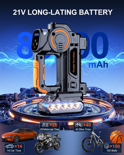 Portable Tire Inflator Rechargeable Air Compressor With 21V Battery Powered Pump