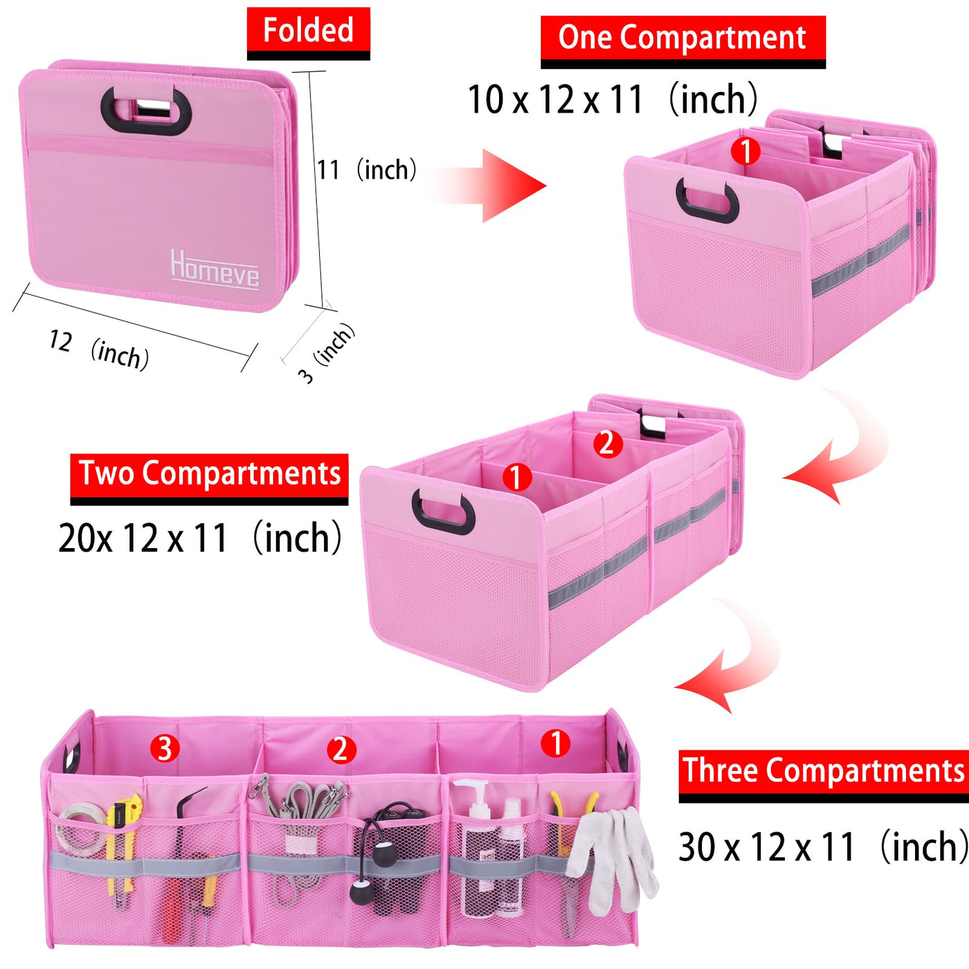 Large Collapsible Trunk Organizer With 3 Compartments And Multi Pockets
