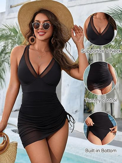 Slimming One-Piece Swimsuit Tummy Control Mesh Sheer Sarong Wrap