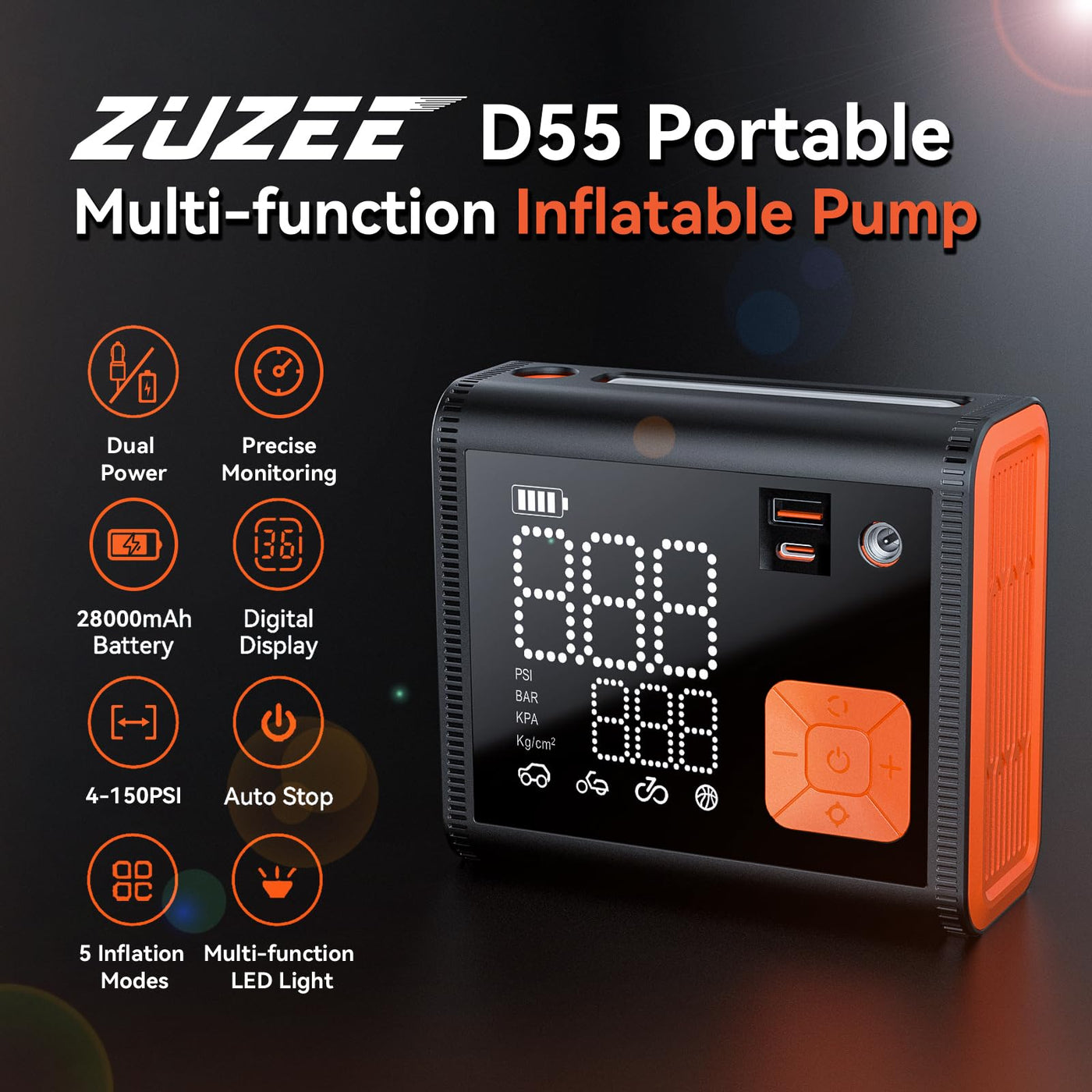 ZUZEE Portable Tire Inflator 150 PSI Dual Cylinder 28000mAh Battery