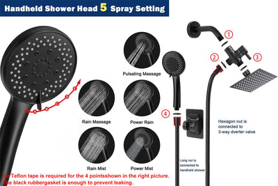 High Pressure Shower Head 8 Inch Square With 5 Settings Handheld Filter