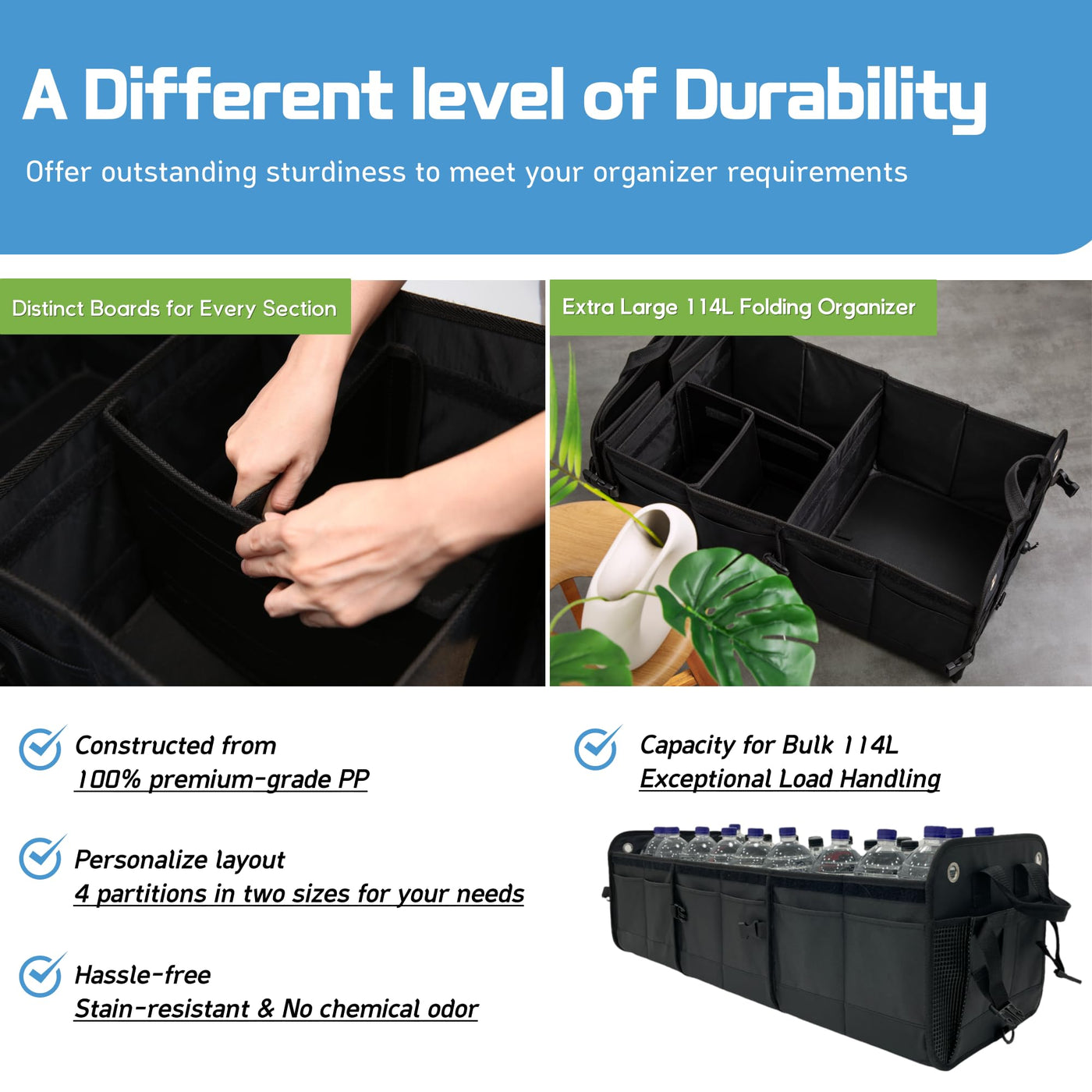 NINEDUCK Car Trunk Organizer Large Black Oxford Cargo Storage With Lid