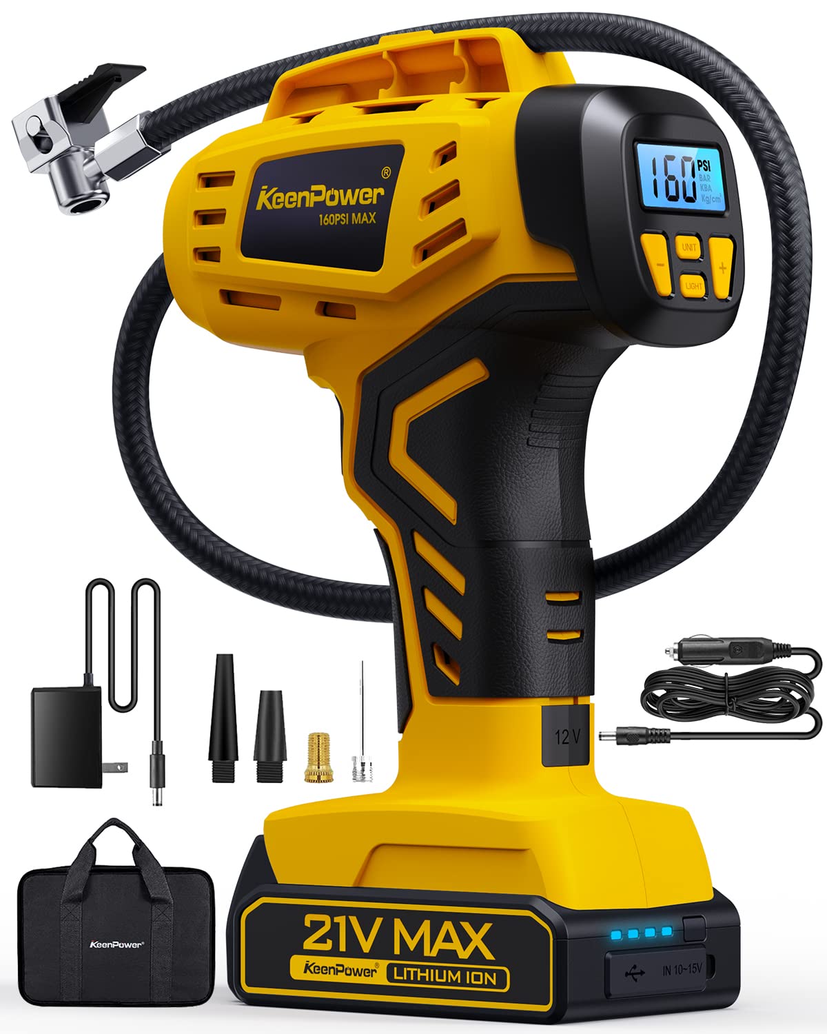 KeenPower Portable Tire Inflator 21V Rechargeable 160PSI Handheld Pump