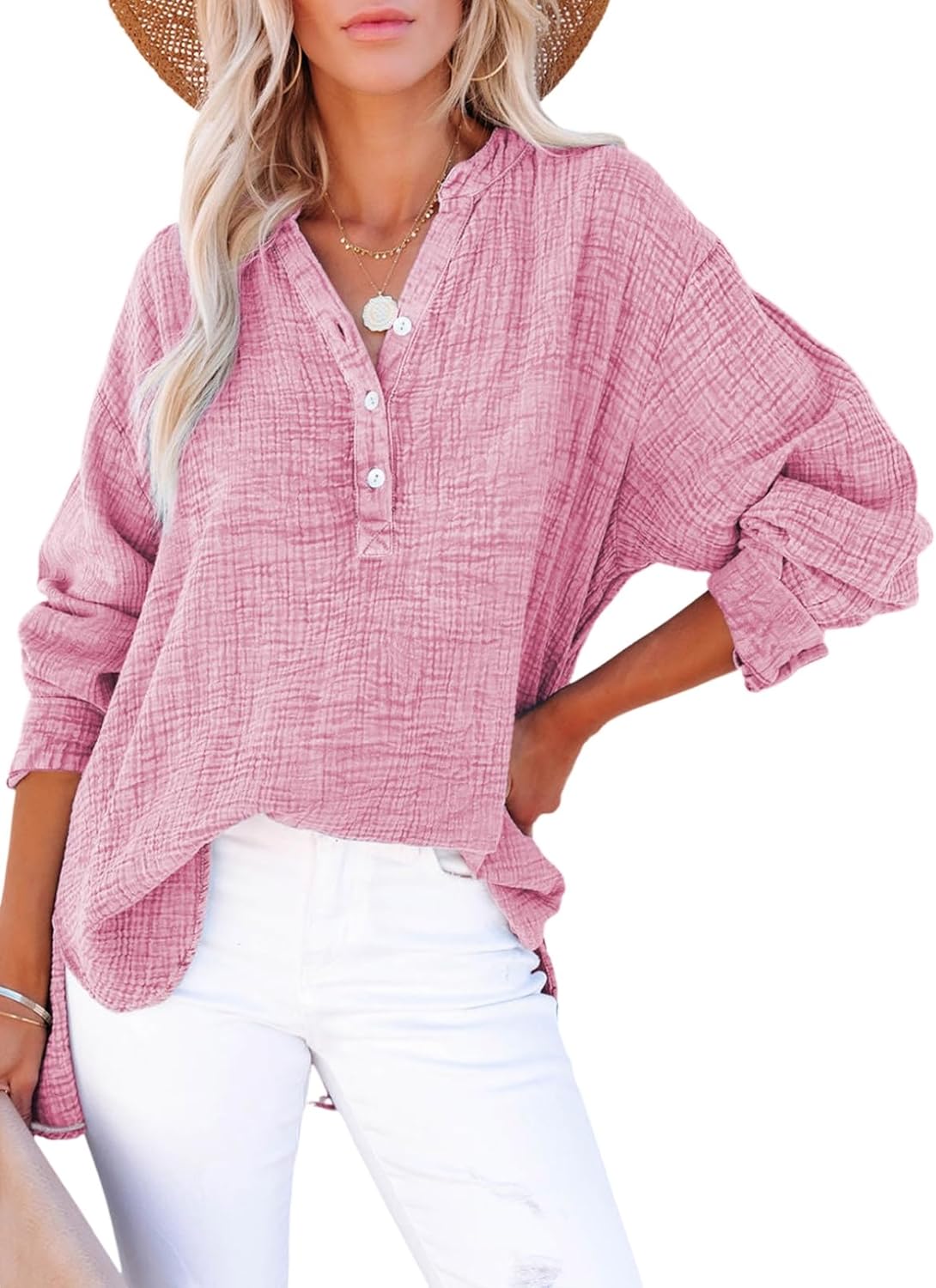 Womens Gauze Blouse Casual Button Neck Long Sleeve Oversized