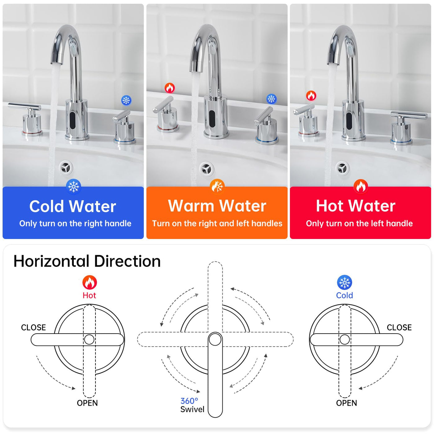 Touchless Bathroom Faucet With Automatic Sensor And Dual Handles