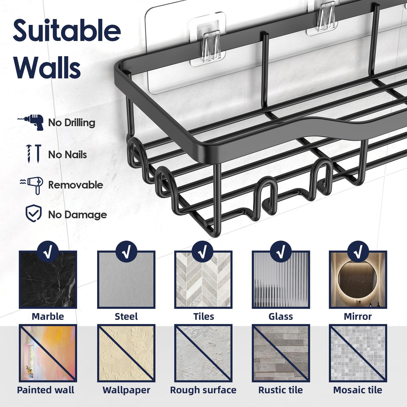 NESOMI Adhesive Shower Caddy Wall Shelf Organizer For Bathroom Storage