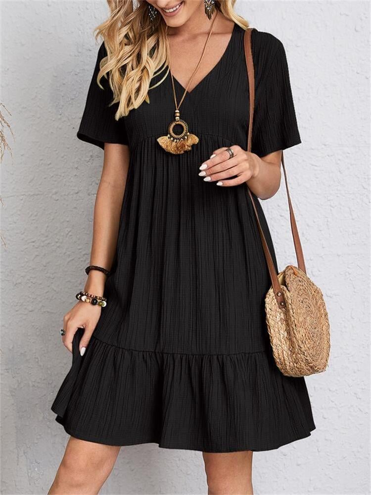 Retro Casual Dress V Neck Loose Fit Comfortable Summer Wear