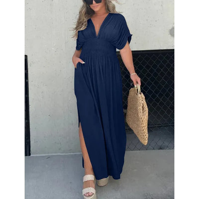 V-neck Slit Ultra Long Dress Elegant Casual Style Evening Gown