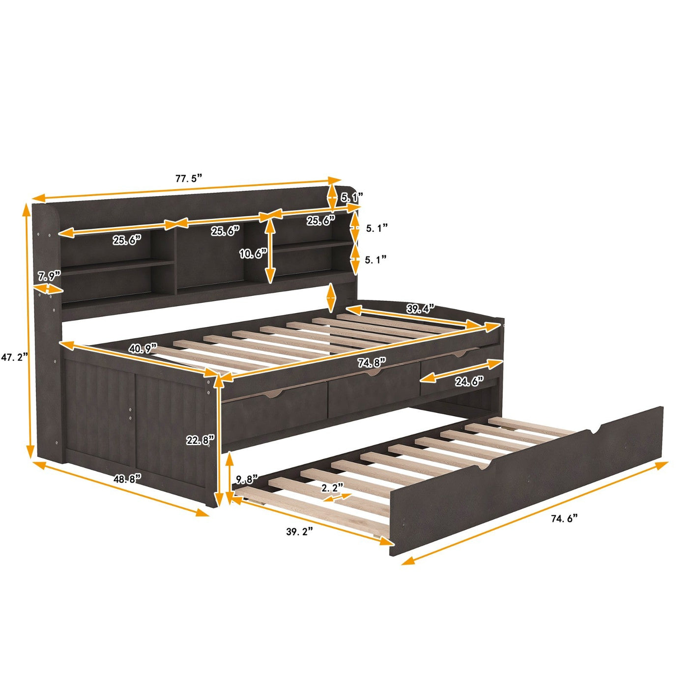 Twin Size Wooden Captain Bed With Storage Drawers And Trundle