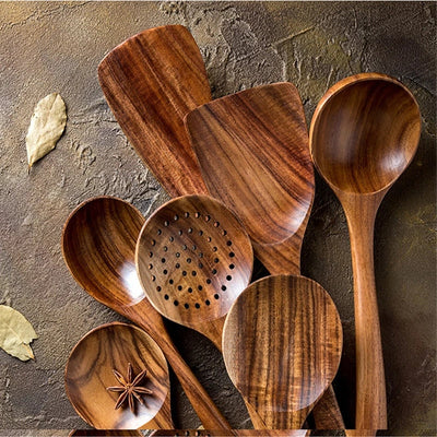 Teak Wooden Utensil Set 7-Piece Durable Kitchen Tools Collection