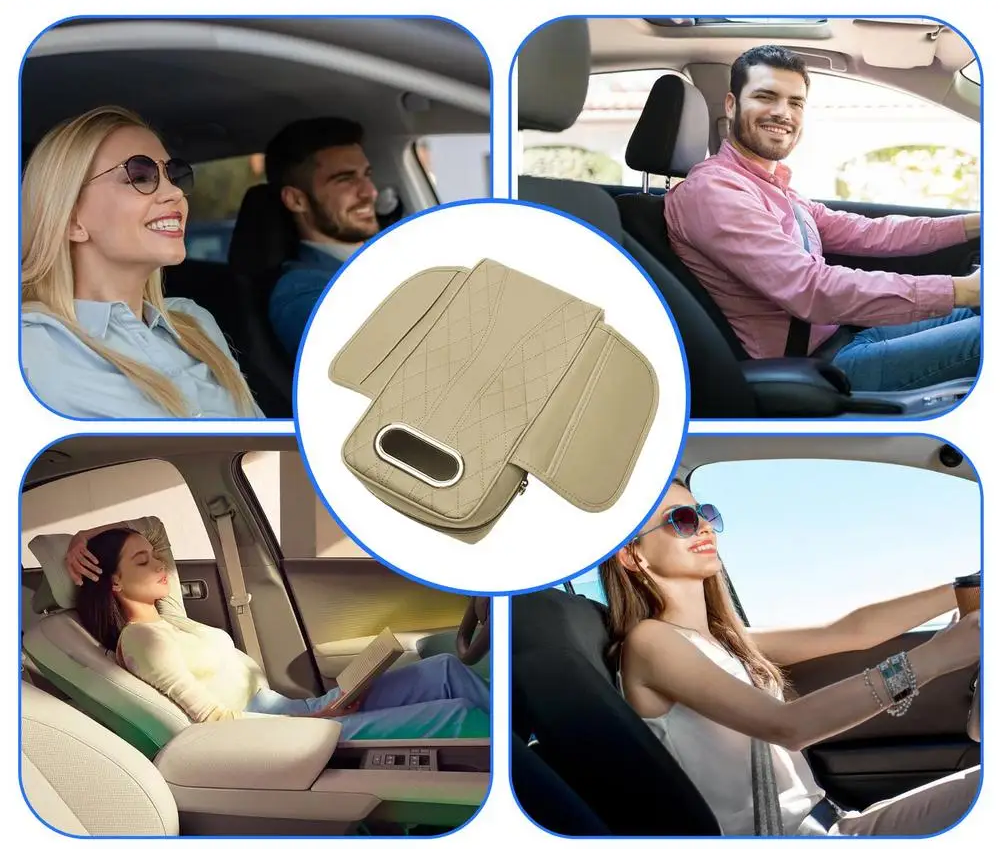 Car Armrest Cushion Memory Foam With Tissue Box And Storage Pockets