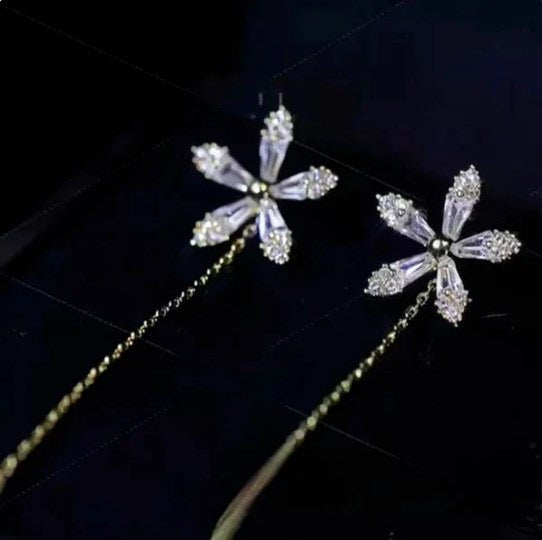 Shiny Diamond Flower Tassel Earrings Elegant Sparkling Jewelry