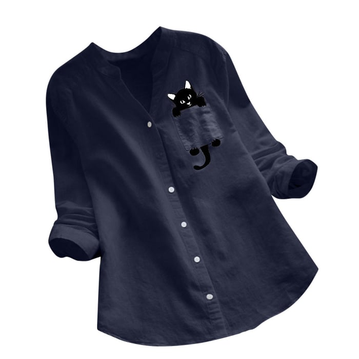 V-neck Long Sleeve Blouse With Cute Cat Print Design