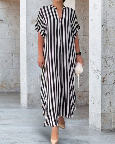 V-neck Shirt Dress Stripe Print Casual Elegant Summer Wear