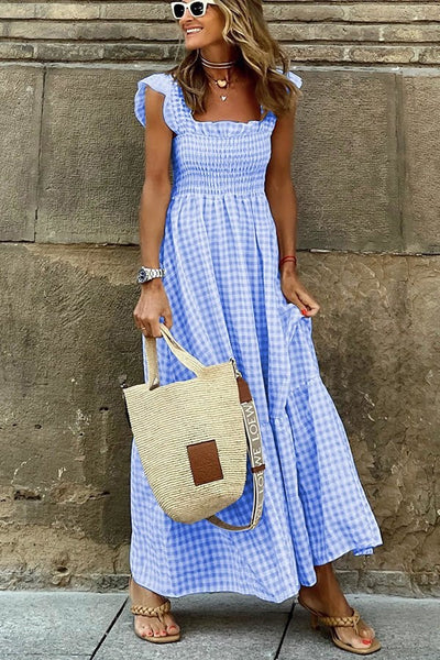Singing Solo Maxi Dress Multi Plaid Smocked Bust Elegant Design