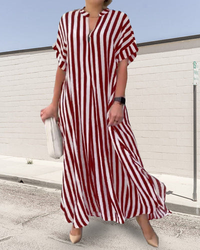 V-neck Shirt Dress Stripe Print Casual Elegant Summer Wear