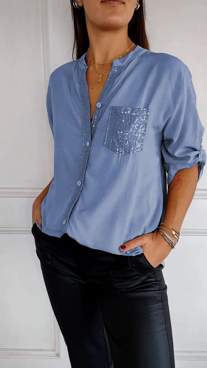 Cotton V-neck Sequin Top Mid Sleeve Casual Stylish Shirt