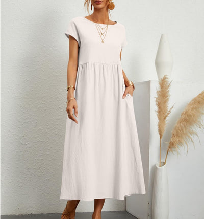 Cotton Linen Sleeveless Dress Loose Fit Solid Color With Pocket