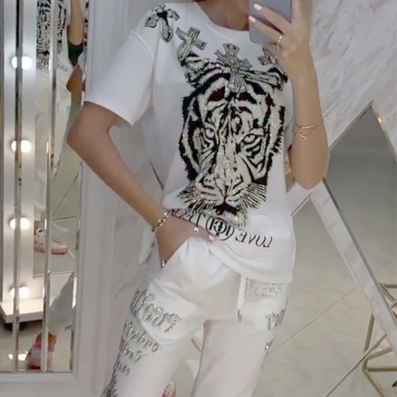 Casual Printed Top Drawstring Pants Set Comfortable 2-Piece Outfit