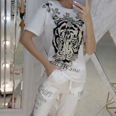 Casual Printed Top Drawstring Pants Set Comfortable 2-Piece Outfit