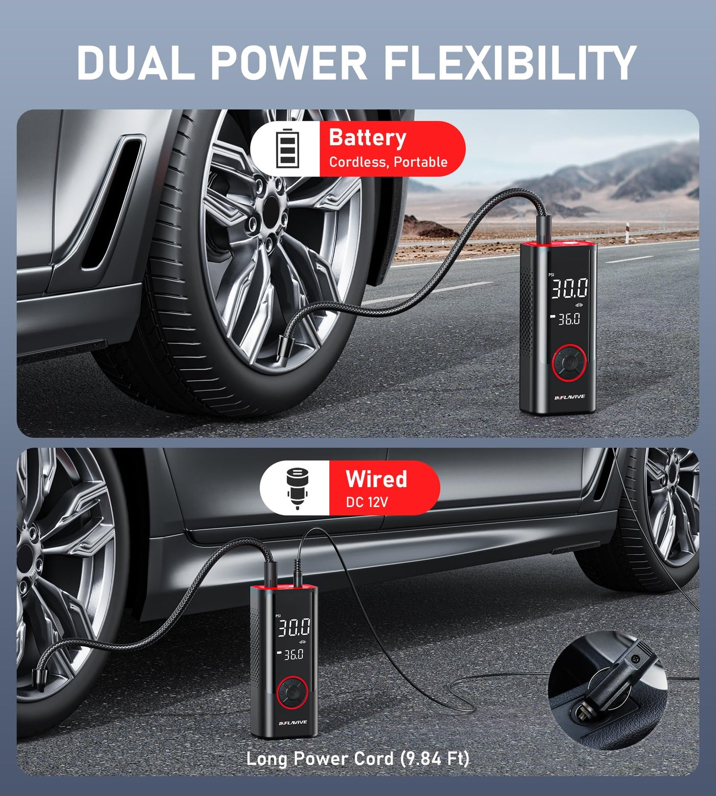 Portable Tire Inflator Cordless Air Compressor 150PSI Dual Power Pump