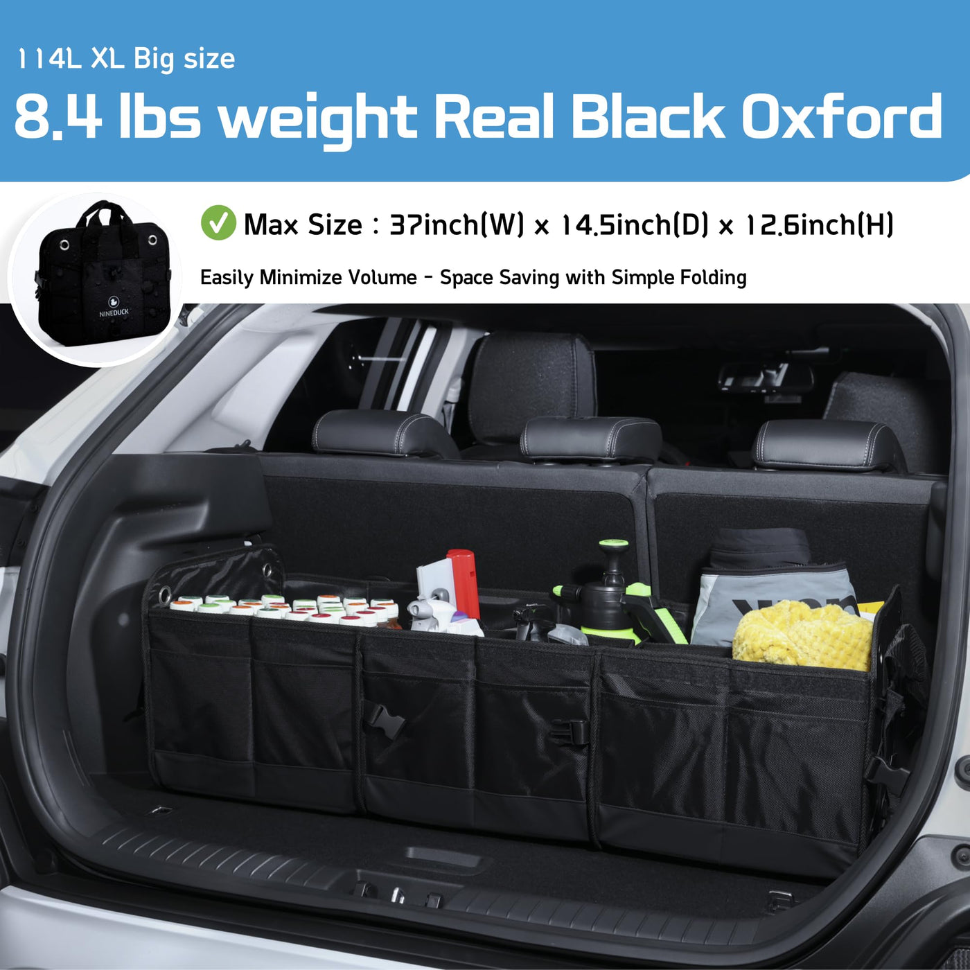 NINEDUCK Car Trunk Organizer Large Black Oxford Cargo Storage With Lid