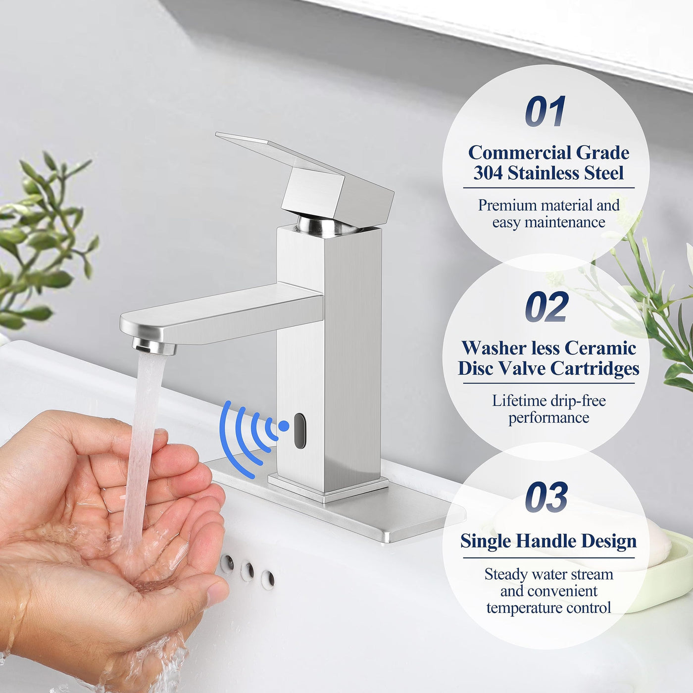 Herogo Touchless Bathroom Faucet Brushed Nickel Stainless Steel Sensor