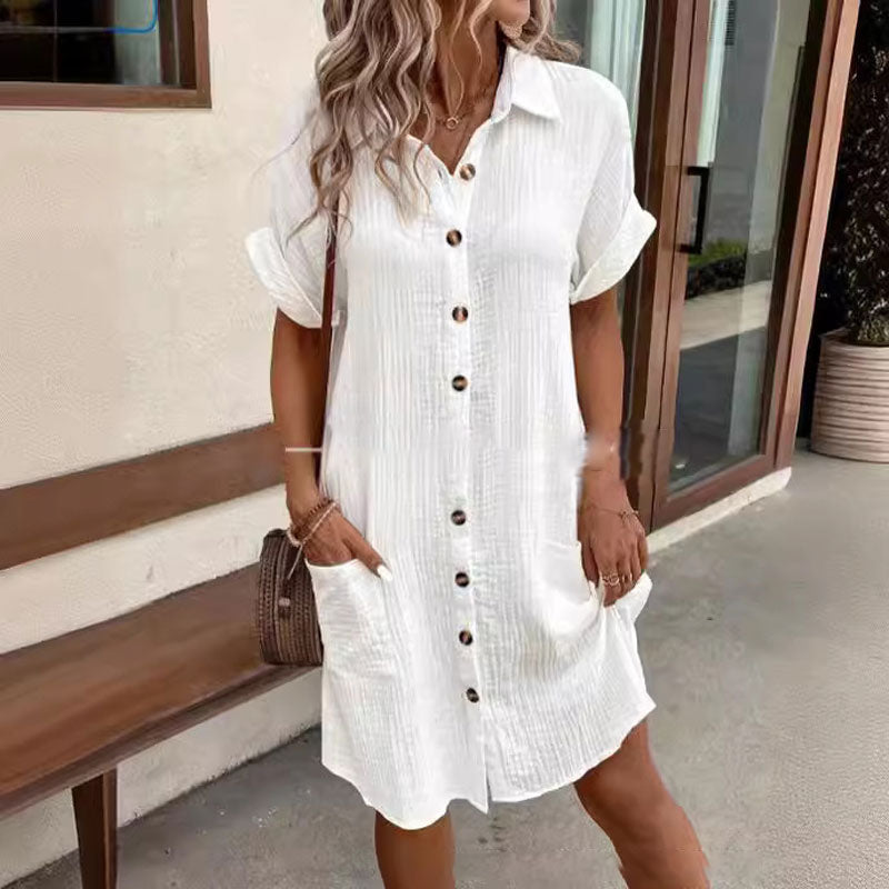 Women's Casual Shirt Dress Buttoned Short Sleeve With Pocket