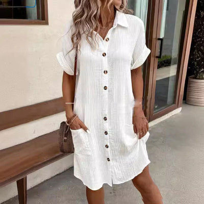 Women's Casual Shirt Dress Buttoned Short Sleeve With Pocket