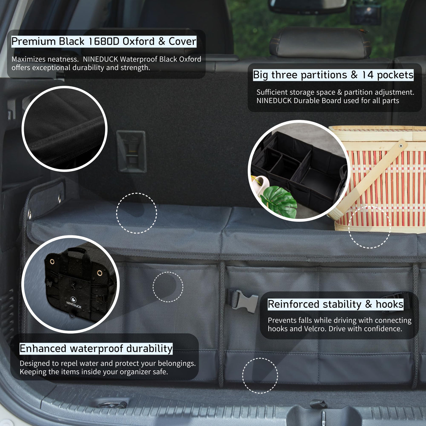 NINEDUCK Car Trunk Organizer Large Black Oxford Cargo Storage With Lid