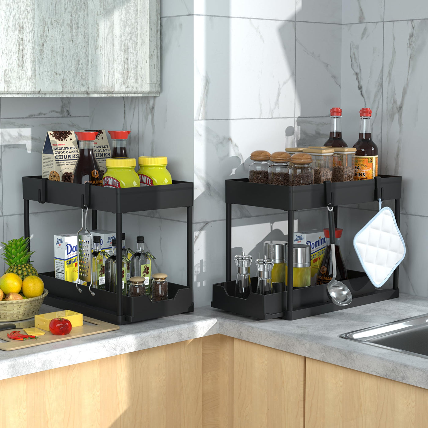 Bathroom Cabinet Organizer 2 Tier Sliding Basket Storage Rack