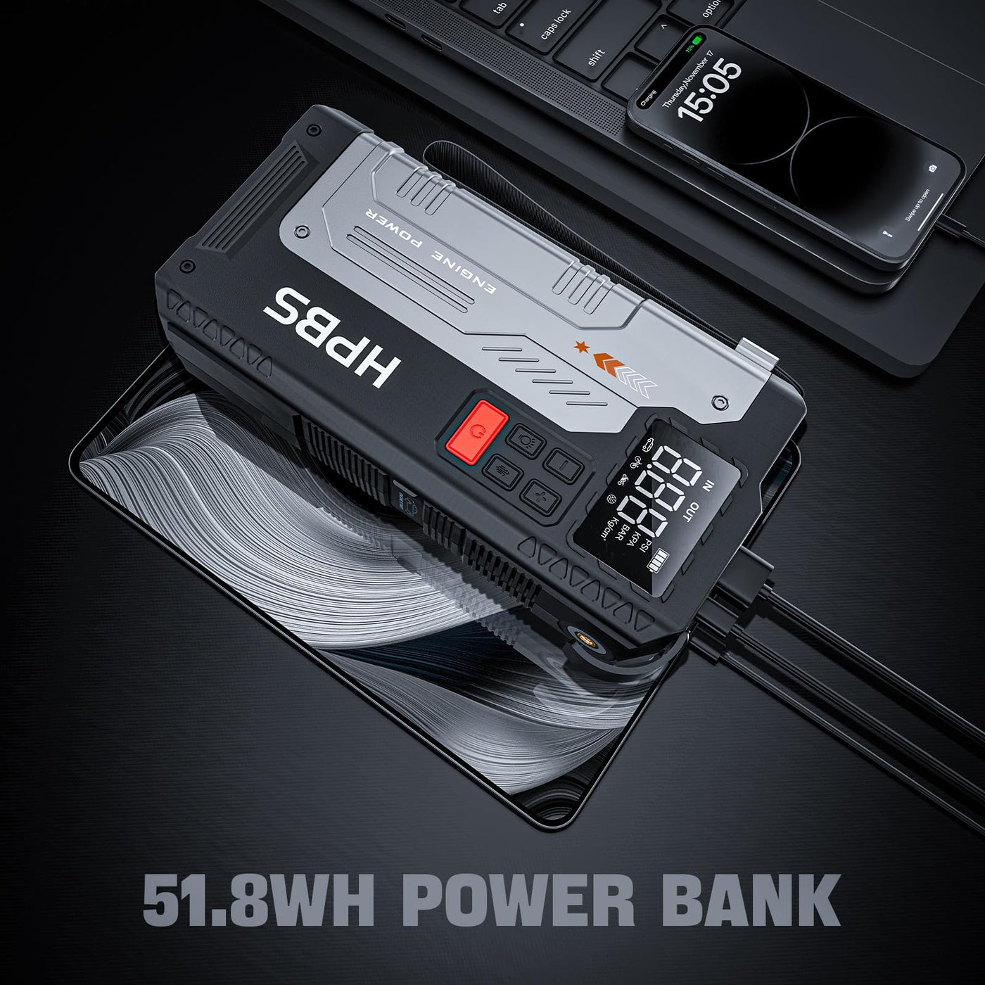 HPBS 2500A Portable Car Jump Starter With Air Compressor And Tire Inflator