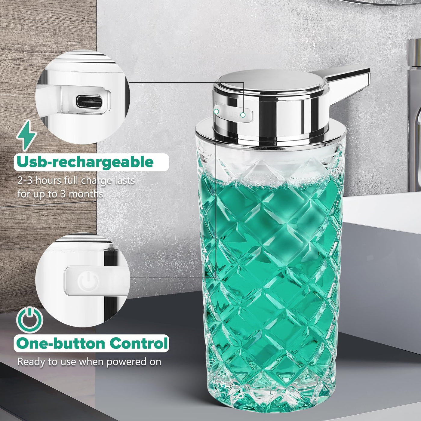 Automatic Liquid Soap Dispenser Touchless Glass Clear Diamond Design