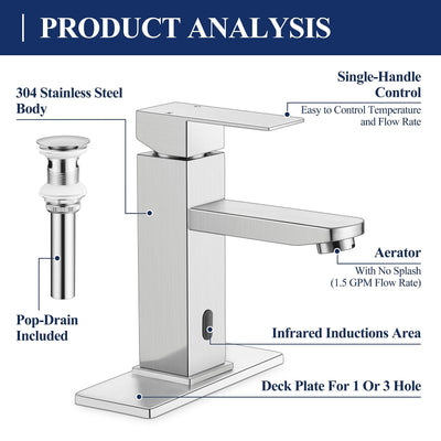 Herogo Touchless Bathroom Faucet Brushed Nickel Stainless Steel Sensor