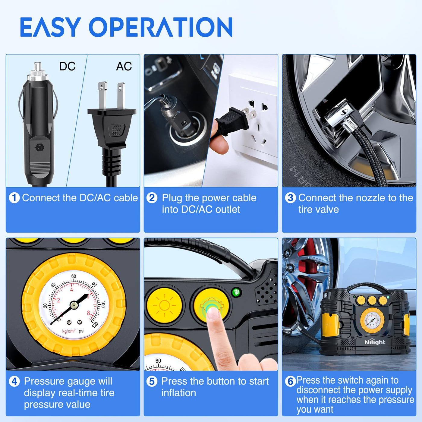 Nilight Portable Tire Inflator Air Compressor Dual Power 12V 110V