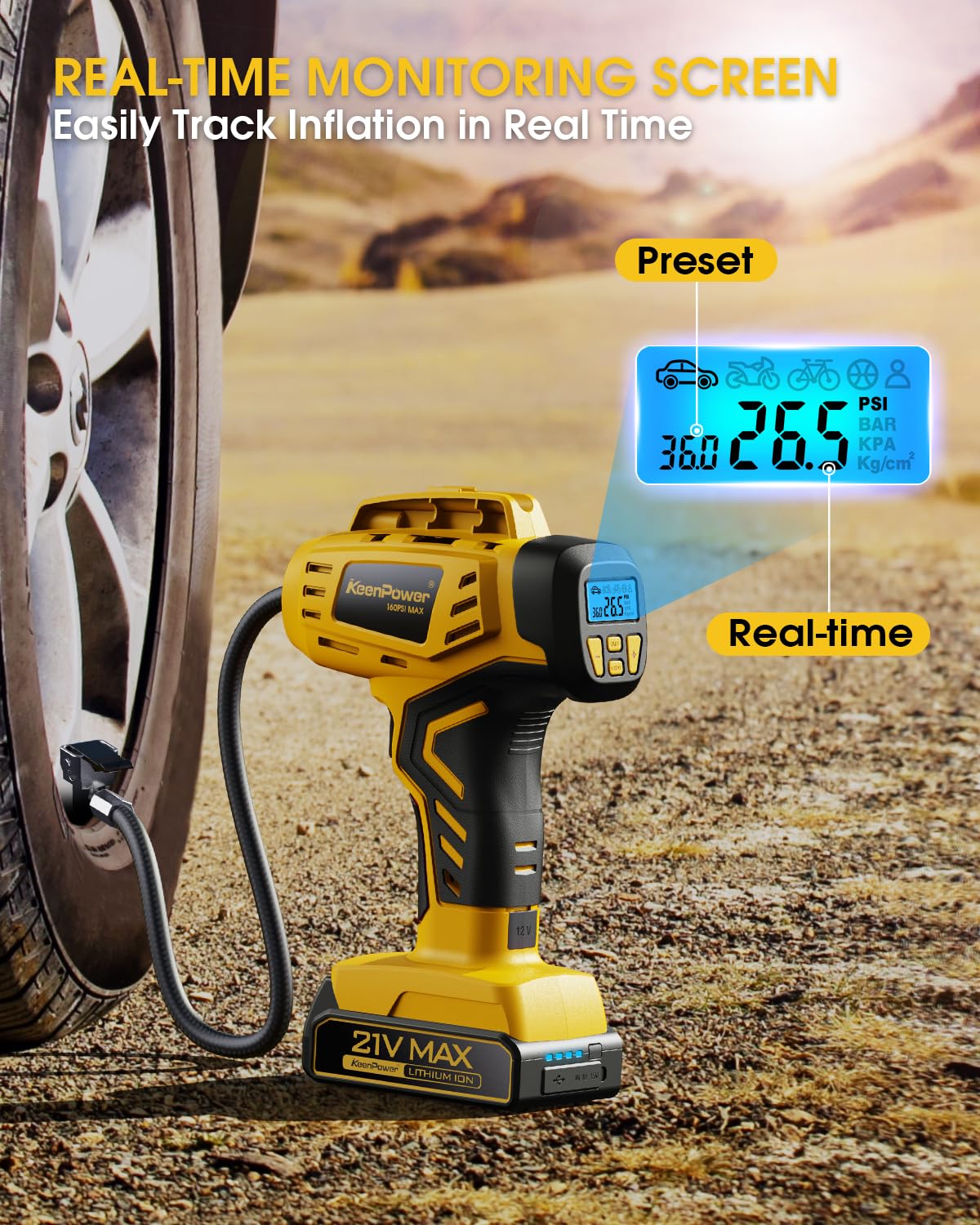KeenPower Portable Tire Inflator 21V Rechargeable 160PSI Handheld Pump