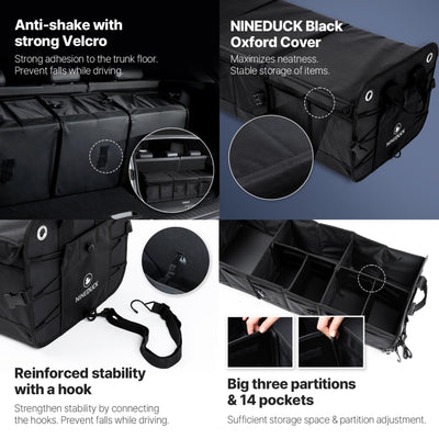 NINEDUCK Car Trunk Organizer Large Black Oxford Cargo Storage With Lid