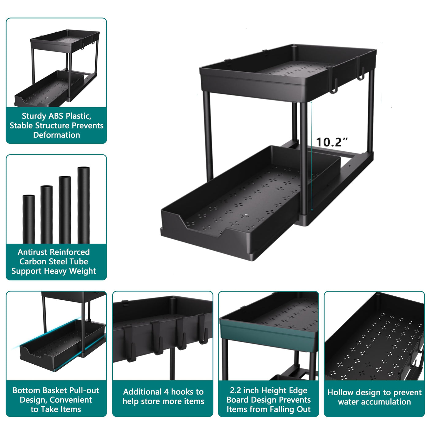 Bathroom Cabinet Organizer 2 Tier Sliding Basket Storage Rack