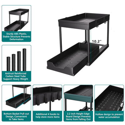 Bathroom Cabinet Organizer 2 Tier Sliding Basket Storage Rack