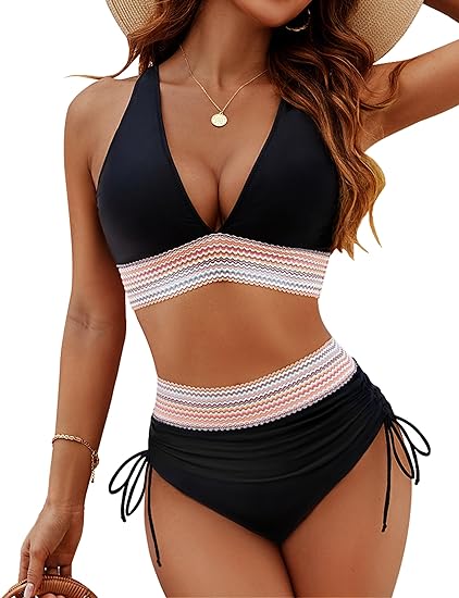 High Waisted Tummy Control Bikini Set Color Block Design