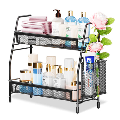 Bathroom Counter Organizer With Side Basket For Toiletries Storage