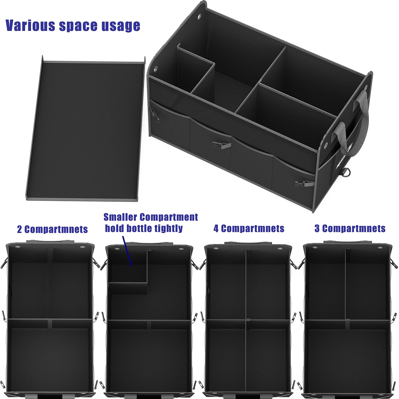 EPAuto 3-Compartment Car Trunk Organizer With Removable Lid Black